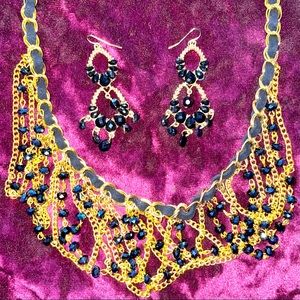 Gold And Black Necklace and Earrings Set